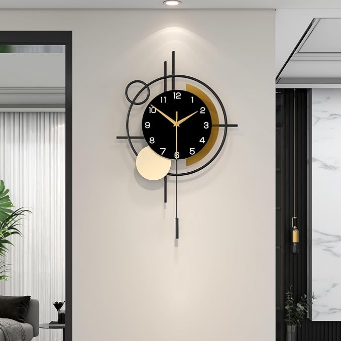 Wall Clock for Living Room Decor Decorative Wall Clock with Pendulum Silent Quartz Battery Operated Black Metal Large Clock for Dining Room,Kitchen,Home,Bathroom,Bedroom,13.8x21.3 in by CreativeWallClock