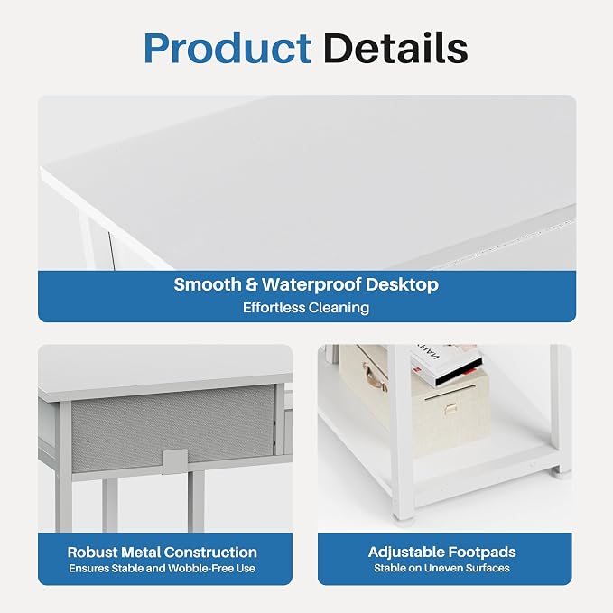 OLIXIS Desk with Storage, Computer Desk, Fabric Drawers | Home Office Work Table, Study Gaming Writing Table, Bedroom Small Space, White - Image 4