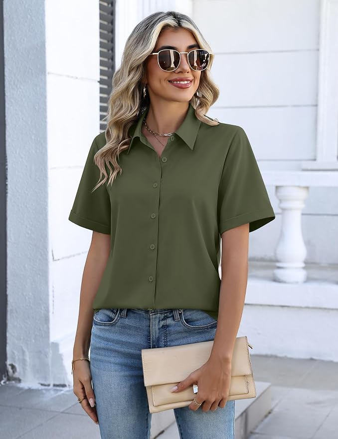 Zeagoo Button Down Shirts for Women Short Sleeve Collared Tops Dressy Casual V Neck Blouses - Image 2