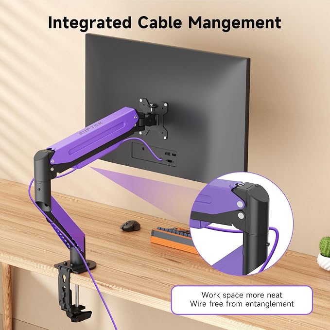 Suptek Monitor Mount Gas Spring Monitor Arm Desk Mount Fully Adjustable Fits 17-35 inch Monitors Weight Capacity up to 24.25 lbs, Black+Purple - Image 6