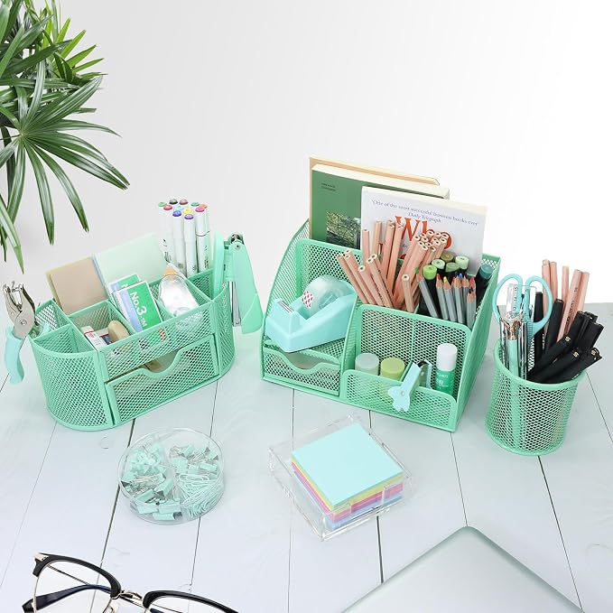 17 in 1 Green Desk Organizers and Accessories Set, 3 Office Desk Supplies Storage Organization, 4 Pens, Stapler, Staples & Remover, Tape & Dispenser, Scissors, Ruler, Clips, Hole Punch, Back to School - Image 6