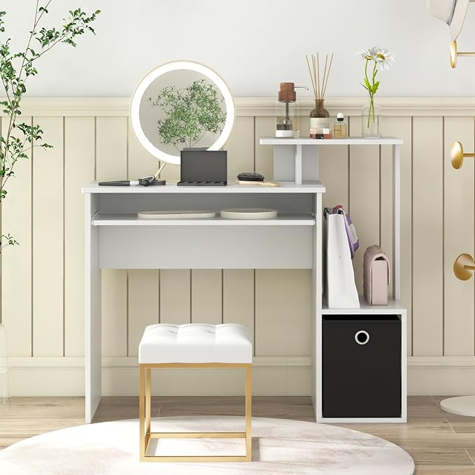 Tangkula Computer Desk with Fabric Drawer & Keyboard Tray, Space-Saving Study Writing Desk with Open Storage Shelves & Printer Stand, Modern Home Office Computer Workstation for Small Spaces (White) - Image 5