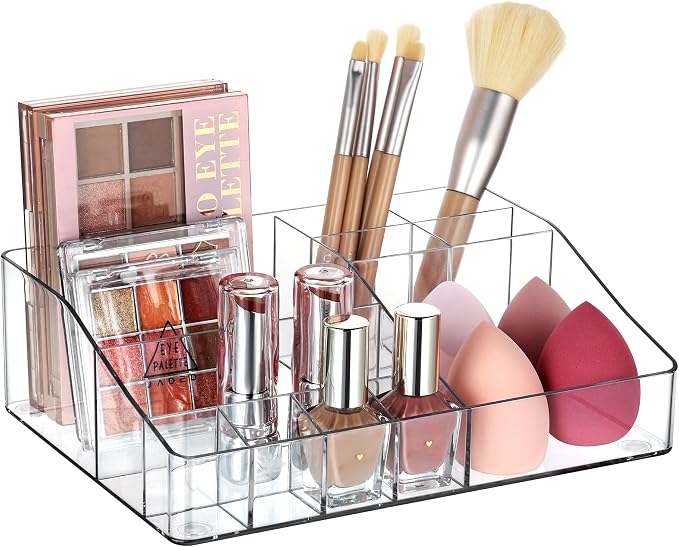 Vtopmart Clear Plastic Devided Makeup Organizer Tray | Cosmetic Storage, For Dresser Countertop and Bathroom Vanity, Beauty Holder for Lipstick Brush Skincare by Vtopmart