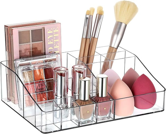 Vtopmart Clear Plastic Devided Makeup Organizer Tray | Cosmetic Storage, For Dresser Countertop and Bathroom Vanity, Beauty Holder for Lipstick Brush Skincare by Vtopmart