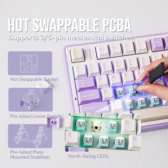 EPOMAKER x Aula F75 Gasket Mechanical Keyboard, 75% Wireless Hot Swappable Gaming Keyboard with Five-Layer Padding&Knob, BT/2.4GHz/USB-C, RGB (Purple, LEOBOG Reaper Switch) - Image 4