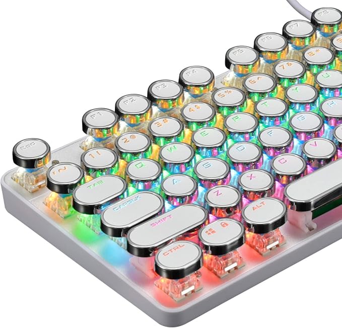 YSCP Typewriter Style Mechanical Gaming Keyboard Rainbow Backlit Wired with Blue Switch Retro Round Keycap 104 Keys Keyboard (L-White) - Image 9