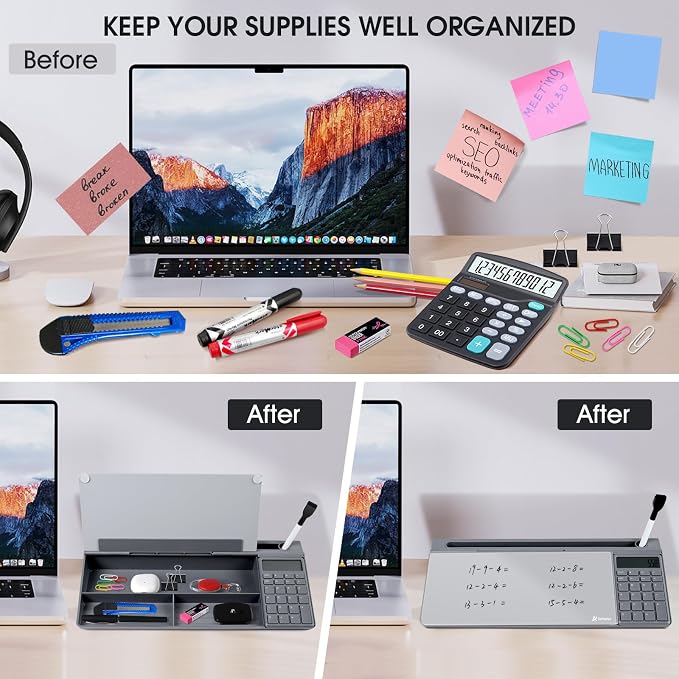 Varhomax Glass Desk Whiteboard Gray with Calculator, Desktop Organizer Dry Erase White Board with Storage, to Do List Memo Notepad for Home Office and School Supplies - Image 4