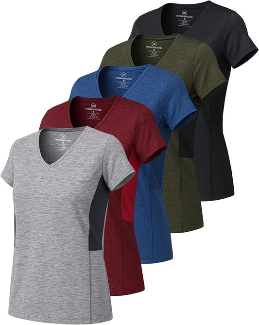 5 Pack Women's Dry Fit V Neck Workout Tops T Shirts Athletic Gym Yoga Tees | Available In Plus Size, Cooling Moisture-Wicking, Short Sleeve, Quick-Dry, Fitness, Stretch, Exercise, Running, Hiking by RealEssentials