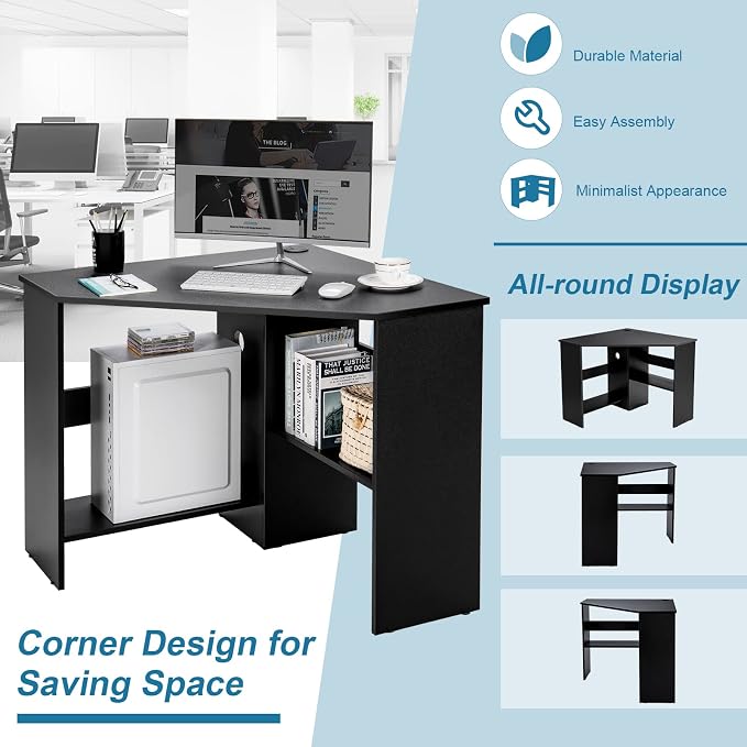 Tangkula Corner Desk, 90 Degrees Triangle Computer Desk for Small Space, Bedroom Corner Makeup Vanity Desk with Storage Shelves & CPU Stand - Image 5