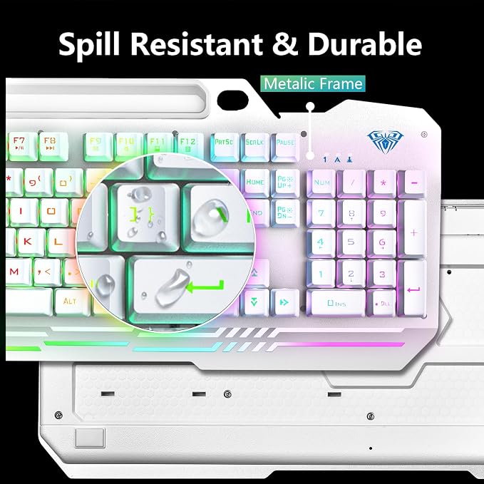 AULA Gaming Keyboard, T102 104 Keys Keyboard and Mouse Combo, USB Wired Computer Keyboards Mechanical Feel Full Size, RGB Backlit for PC/Laptop Gaming or Working/Office (White) - Image 5