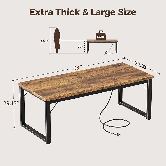 Mericonia 63 Inch Computer Desk with Power Outlets, 1.2" Thick Office Table | Modern Simple Style, Heavy Duty Industrial Frame, Large Study & Writing Table for Home Bedroom Work, Brown - Image 2