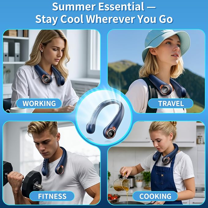 BNBZ Portable Neck Fan, 6000mAh Rechargeable Fan Blows Cold Air with LED Display, 4 Speeds, 20H Runtime, Quiet Wearable 360° Personal Cooling Fan for Outdoor Travel Work Gym,Fireplace Fans-Blue - Image 7
