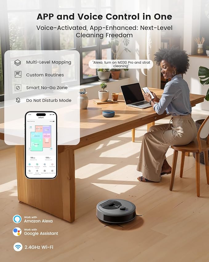 Lefant Robot Vacuum and Mop, Upgraded LiDAR Navigation, 450ml Visible Dustbin, Strong Suction, Multi-Floor Mapping, Self-Charge, WiFi/Alexa/APP, Multi-Surface Cleaning, M330 Pro Grey - Image 8