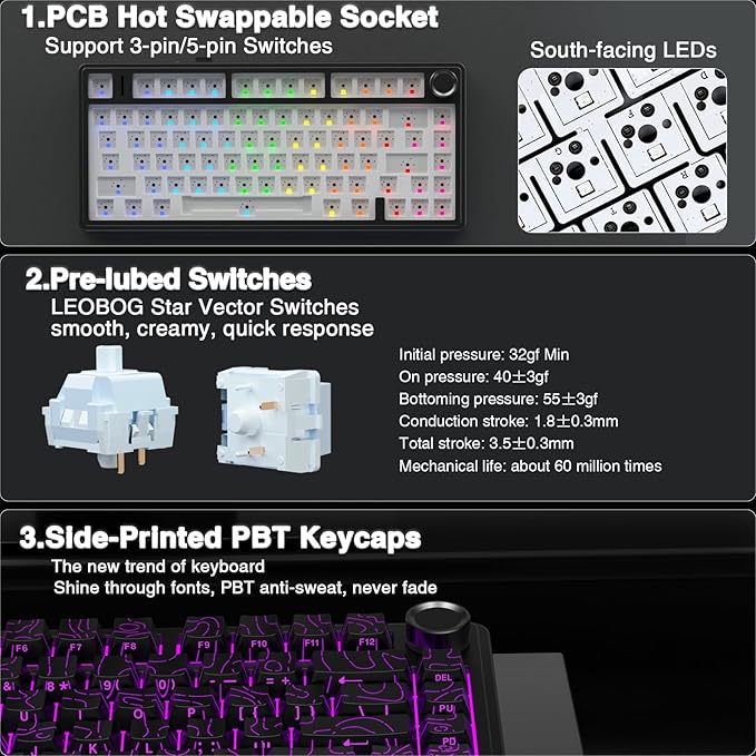 AULA F75 Pro Wireless Mechanical Keyboard with Knob,75% Hot Swappable Custom Gaming Keyboards,RGB Backlit,Pre-lubed Switches,Side Printed PBT Keycaps Creamy Sounding Computer Keyboard, Line Black - Image 5