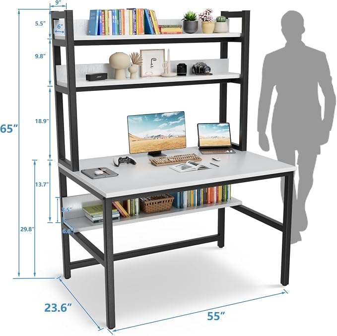 Aquzee Computer Desk, Easy Assembly Gaming Table with Hutch and Shelves, 4 Tiers Desk with Large Wood Desktop, Metal Legs, Ideal for Storage Study Work Writing Homework, White, 55Wx65Hx23.6D Inches - Image 2