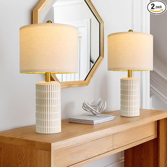 PoKat 20.75" Small Modern Ceramic Table Lamps Set of 2 for Bedroom, White Bedside Lamps for Night Stands, Farmhouse Desk Home Decor Gift Nightstand Table Lamps for Living Room End Table Beige by Pokat