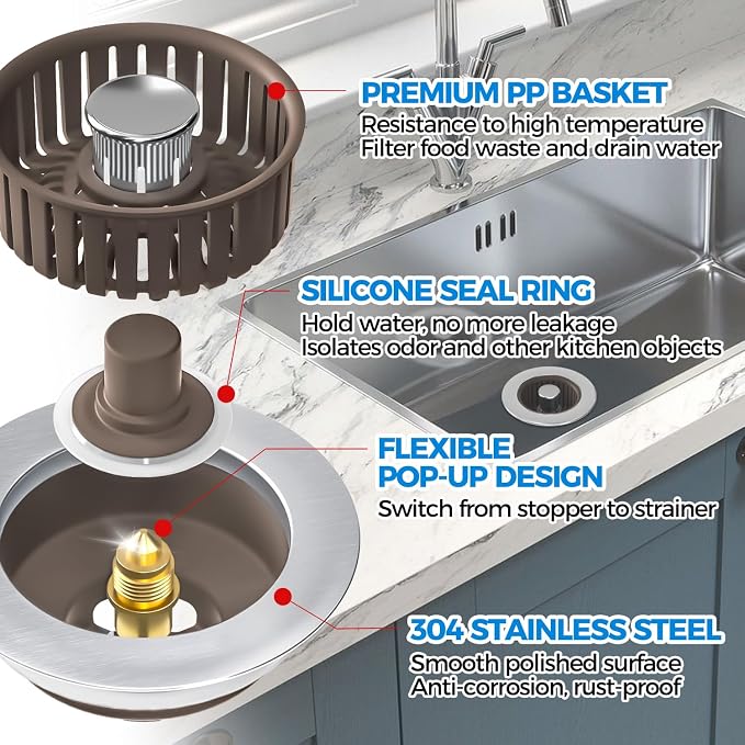 zaa 3 in 1 Kitchen Sink Drain Strainer Stopper Removable Basket Pop-Up | Kitchen Sink Accessories 1 Pack Brown Stainless - Food Catcher, Odor-Blocking Seal, Fits 3.5" Drain, Easy Clean - Image 5