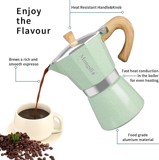 Mongdio Stovetop Espresso Maker Moka Pot, Cuban Coffee Maker Stove top coffee maker Moka Italian Espresso Greca Coffee Maker Brewer Percolator, 6 Espresso Cups, 10 oz - Green - Image 4