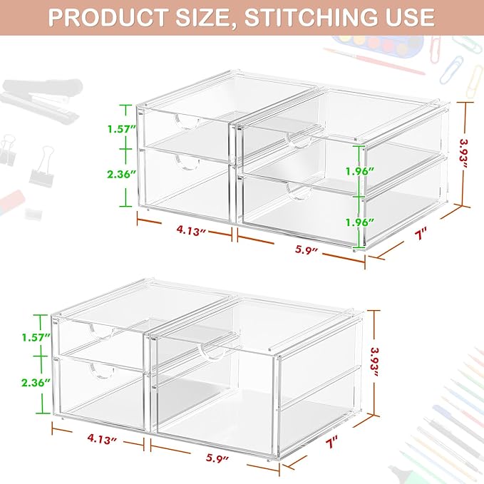caktraie Acrylic 2-Pack 7-Drawer Makeup & Storage Organizer for Bath,Desk | Smooth-glide drawers, clear body, dustproof, wipe clean, for office supplies, pens, rings, earrings, tweezers, cotton swabs - Image 3