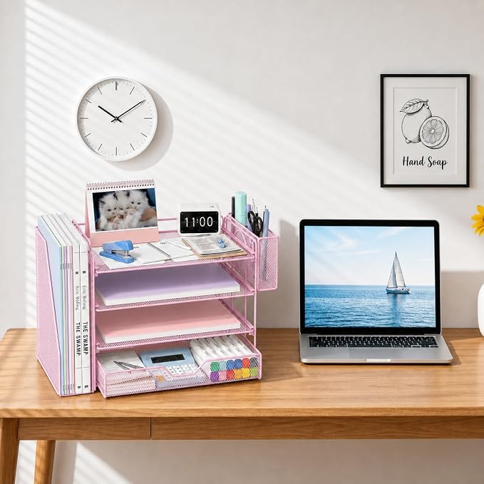OPNICE Desk Organizers and Accessories, 4-Tier Desktop File Organizer with Drawer and Pen Holders, Office Desk Accessories Workspace Organizers for Office Supplies (Pink) - Image 6