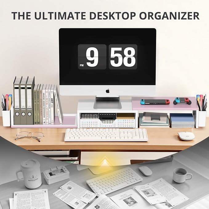 OPNICE Desk Organizers and Accessories, Dual Monitor Stand Riser with Drawer and 2 Pen Holders, Desk Shelf Wood Computer Racks for Office Workspace Organizers, Desktop Organization (Pink-White Wood) - Image 6