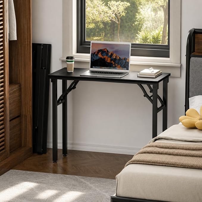 Folding Table Computer Desk - 35.8" No Assembly Folding Desk Design and Foldable Office Desk, Small Desk for Bedroom, Compact Storage Portable Use for Dorm and RV Small Space, Dark Oak - Image 2