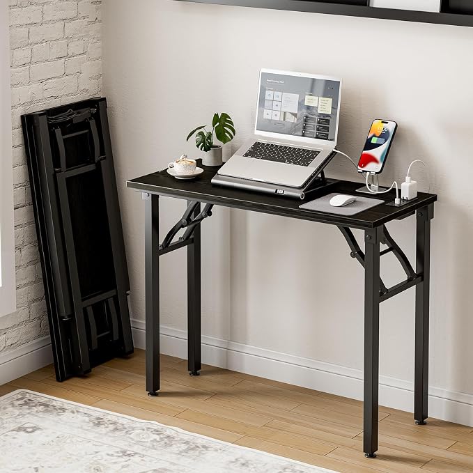 Frylr Small Folding Computer Desk – 35.8 Inch Portable Table for Craft and Study, Lightweight Desk for Small Spaces, Foldable Laptop Table Built-in AC/USB Outlets for Convenience, Dark Oak by Frylr