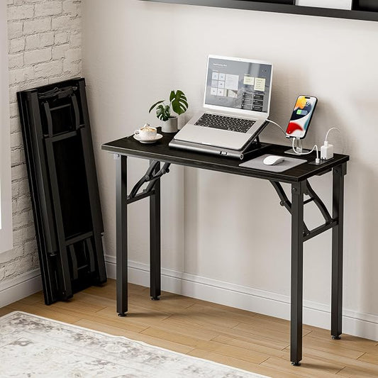 Frylr Small Folding Computer Desk – 35.8 Inch Portable Table for Craft and Study, Lightweight Desk for Small Spaces, Foldable Laptop Table Built-in AC/USB Outlets for Convenience, Dark Oak by Frylr