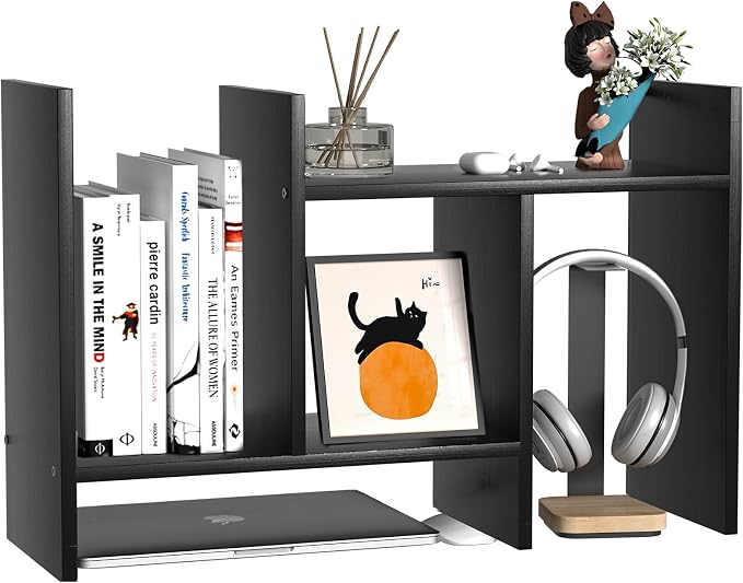 Desk Shelves Wood Desktop Orgnizer Shelf.Office Organization for Top of Desk Organizers and Accessories Bookshelf Shelving,Adjustable Tier H-Shape Mini Bookcase(Black) - Image 7