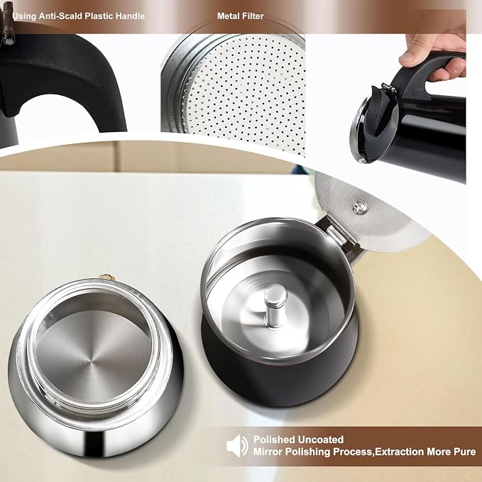 2 Cup Stovetop Espresso Maker Stainless Steel Moka Pot Stove Top Percolator Italian Coffee Makers Capable Mocha Greca Machine Cafe Classic Induction Cookers for Home and Camping 100ml 3.3oz - Image 7