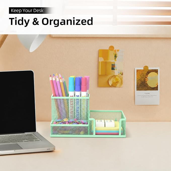 SUPEASY Pen Holder Desk Organizer, Office Supplies Pencil Holder with 3 Compartments, Desk Accessories and Workspace Organizers for Home School Classroom, Green - Image 2