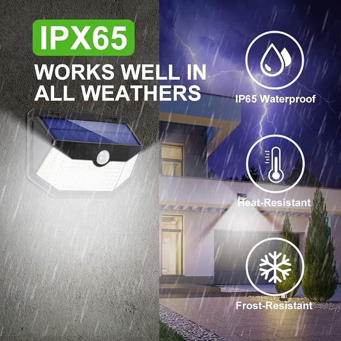 HMCITY Solar Lights Outdoor 120 LED with 3 Lighting Modes, Motion Sensor Wall Lights,IP65 Waterproof Solar Powered for Garden Patio Yard (Back Button 2Packs, Black Shell-Daylight White) - Image 3