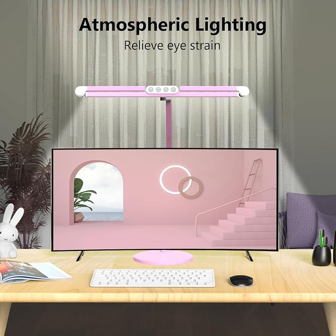 Micomlan Led Desk Lamp with Base, Adjustable Tall Architect Desk Light for Home Office with Flexible Swing Arm, 24W Pink Bright Table Lamp Auto Dimming Computer Light for Workbench - Image 3