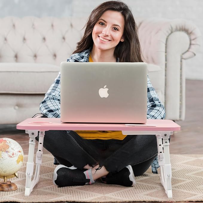 Lap Desk for Bed, Adjustable Laptop Desk with USB Charging Port, Storage Drawer & Bookshelf — Foldable Bed Desk for WFH & Students, 23.6" Desktop Fits 20" Laptop, Non-Slip, Pink - Image 8