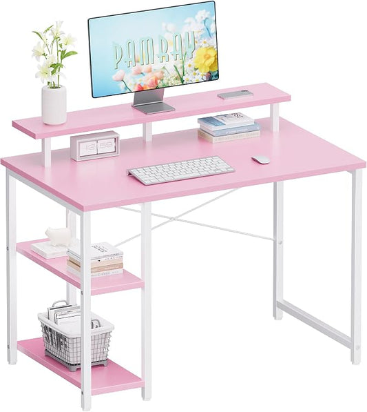 Pamray 33.5 Inch Small Computer Desk with Monitor Stand and Shelves | Sturdy, Space-Saving, Easy Assembly, Suitable for Bedroom, Office, Apartment and Dorm, Used for Writing and Studying by PAMRAY