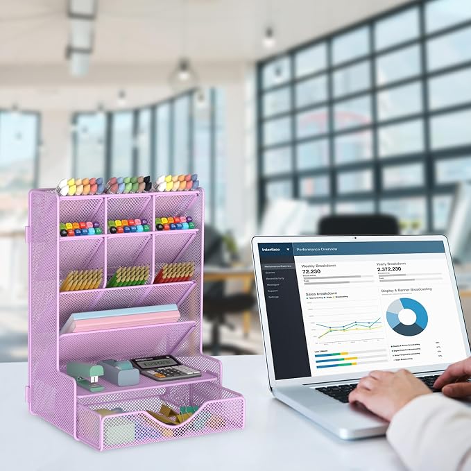 BOHDK Pen Organizer for Desk, Multi-Functional Desk Organizer, Wall Mount Pen Holder with Drawer for School, Office, Home, Art Supplies, Purple - Image 2