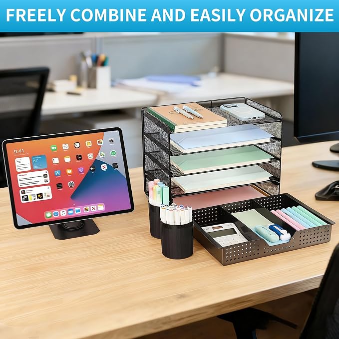 LEKETREE Desk Organizer and Accessories, 5-Tier Paper Letter Tray Organizer with Drawer & 2 Pen Holders for Desktop File Organization, Office Desk Accessories for Supplies Storage (Black) - Image 7