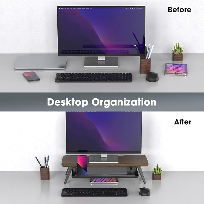 Fenge Monitor Stand, Monitor Stands Riser for Desk, 23.6 Inch Wood Desk Shelf with Storage Organizer and Cable Management for Office Desk Accessories - Image 7