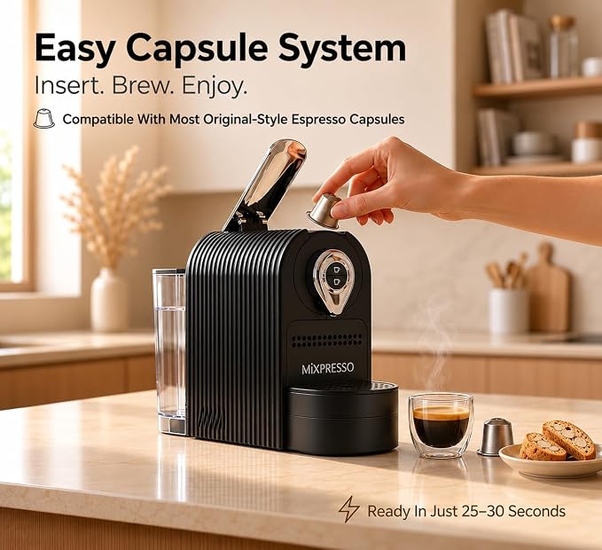 Mixpresso Espresso Machine, Compatible with Nespresso OriginalLine Capsules | 1400W single serve coffee maker with one-touch operation, 19-bar Italian pump and 27oz water tank, black - Image 6