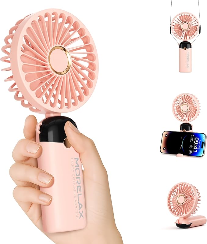 Morelax Handheld Mini Fan,USB Rechargeable Fodable Personal Fans 4000mAh,90 Adjustable, 6 Speed Strong Wind,Portable Fan Pocket Design 5 IN 1Cooling Table Fan for Office School Outdoor Travel,Pink by Morelax