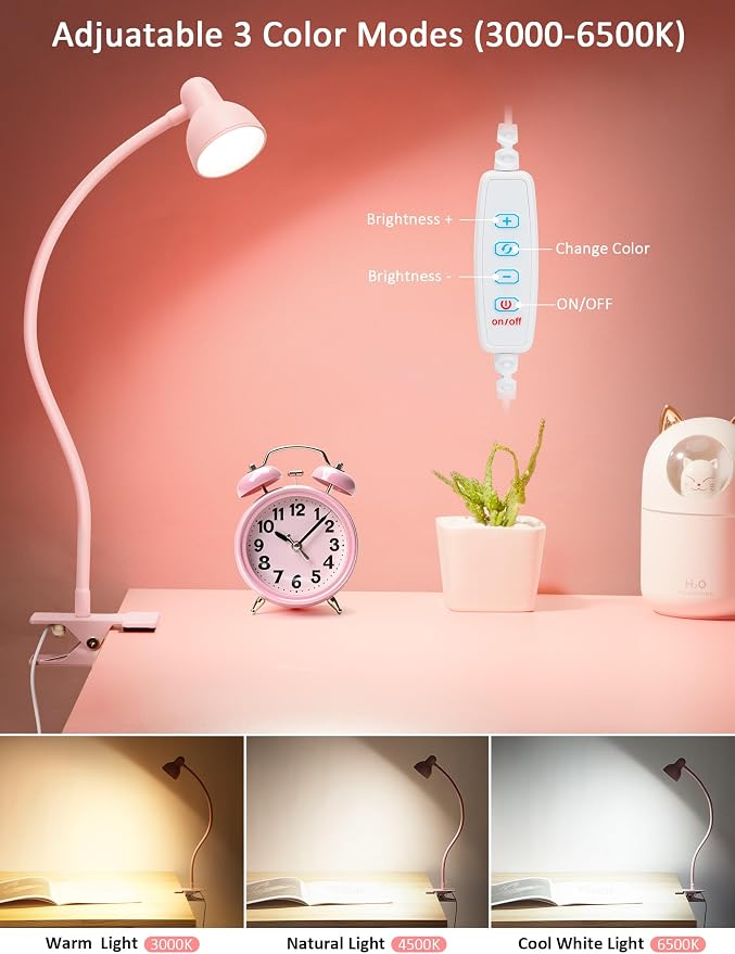 LiFMIRA Pink Small Desk Lamp Clip on LED Reading Light for Bed | 3 Color Modes 10 Dimmable Brightness, Book in Bed Headboard, Flexible Reading Lamp with Clamp BL08 - Image 2