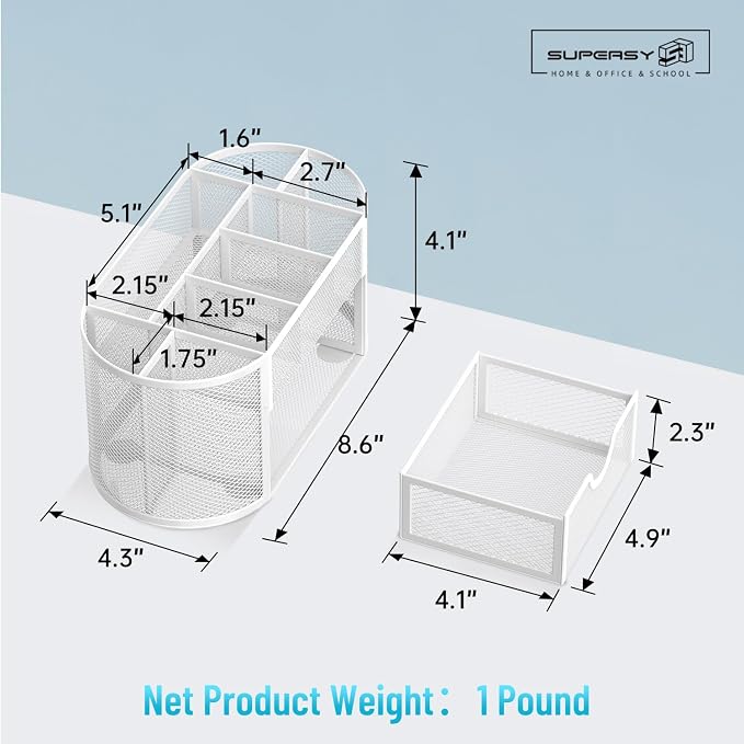 Mesh Desk Organizer with Drawer, 9-Compartment Pen Holder for Desk, White | Pull-Out Drawer Stores Pens, Pencils, Clips, Notes, and Small Office or School Supplies in One Compact Desk Caddy - Image 3