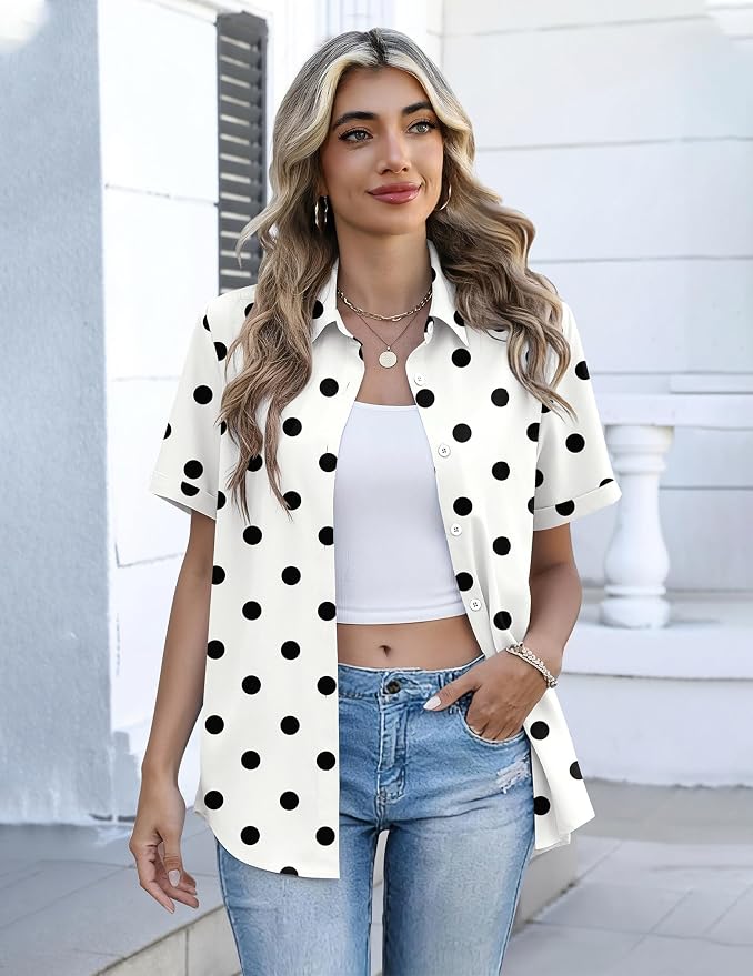 Zeagoo Button Down Shirts for Women Short Sleeve Collared Tops Dressy Casual V Neck Blouses - Image 3