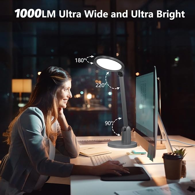 Desk Lamps for Home Office with Stable Base, 1000LM Ultra Bright Eye-Caring LED Desk Light, 3000K-6000K Dimmable Table Lamp with Stepless Dimming & Timing Function for Work, Reading, Bedroom, Bedside - Image 2