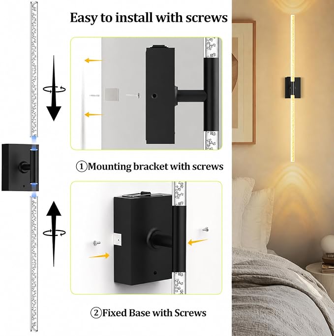 iThird Crystal Bubble Wall Sconces Set of 2: 10000mAh Rechargeable Wireless Lights with Remote & 360° Rotate, 4 Color Temps Dimmable, 31.5" Wall Lamp for Bedroom Living Room Mirror, Black - Image 2