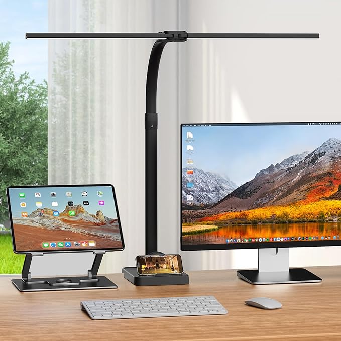 LED Desk Lamp with Base - Bright Dimmable Computer Lamp with Phone Holder, 24W Bendable Desk Light for Monitor Screen, Eye-Caring Tall Desktop Light for Task Home Office Work, Black, Dual Head by APMIEK