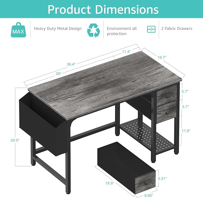 Lufeiya Computer Desk with Fabric Drawers, 40 Inch Gaming Desk for Small Space Home Office, Modern Simple Study Writing Table PC Desks for Bedroom, Gray - Image 3