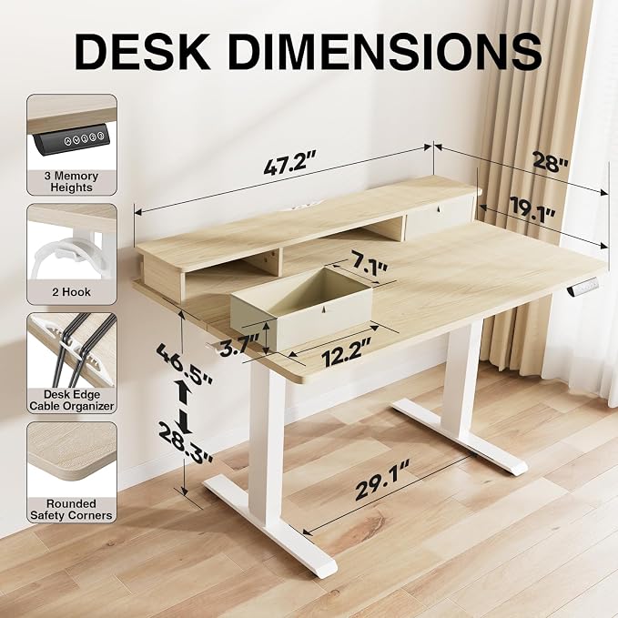 Veken 47x28 in Electric Standing Desk with Drawers, Adjustable Table, Wood | Stand up Computer Desk for Home Office, Work & Study, with Storage, 3 Memory Presets, Cable Organizer, Hook, and Quiet Lift. - Image 3