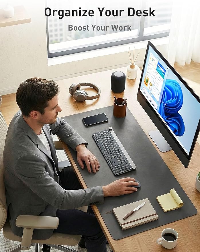Aothia Faux Leather Desk Mat - Non-Slip PU Leather Desk Blotter, Waterproof Writing Surface, Large Desk Pad for Office & Home (Grey, 55" x 24") - Image 3