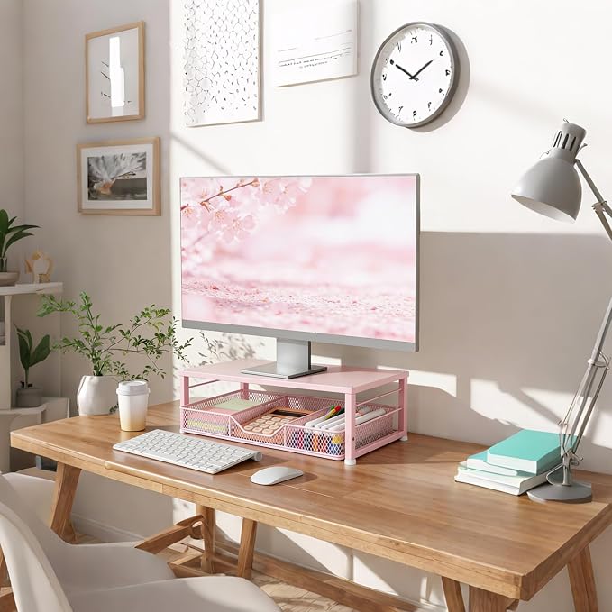 Small Pink Laptop Stand for Desk, Monitor Stand, Office Desk Accessories, Computer Desktop Stand with Drawer for Home, Office, School (Pink) - Image 2